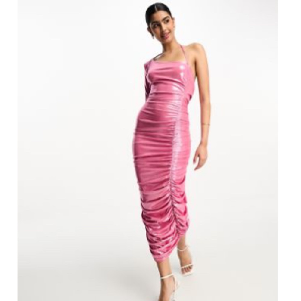 ASOS DESIGN Ruched Cowl Neck Metallic Pink Midi Bodycon Dress - sizes 6 & 8